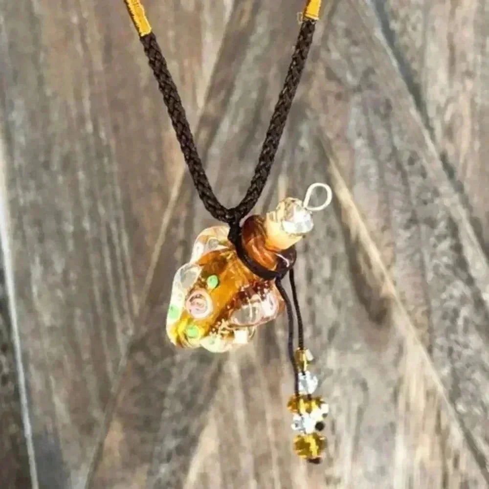 Golden Yellow Handmade Murano Glass Perfume Oil Bottle Vile Urn Necklace NWT